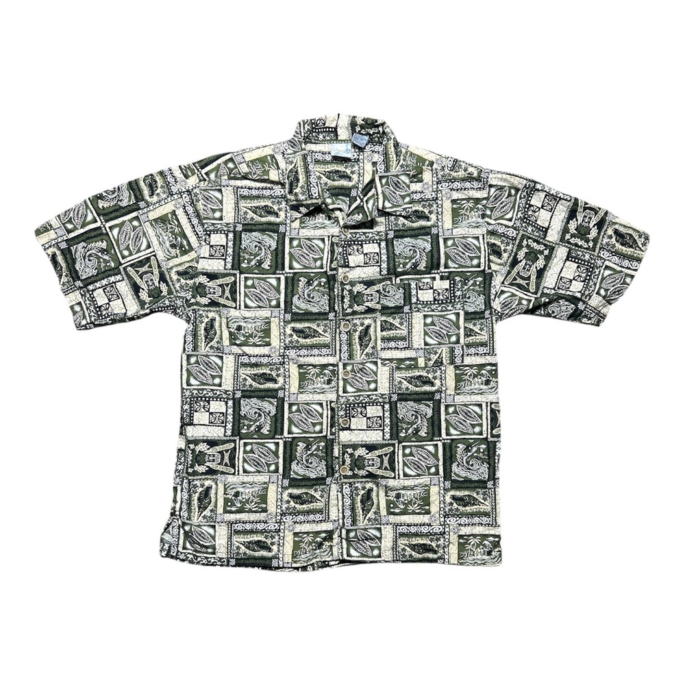VTG Ocean Pacific Mens‎ Green Tiki Marlin Tropical Cotton Hawaiian Shirt Me